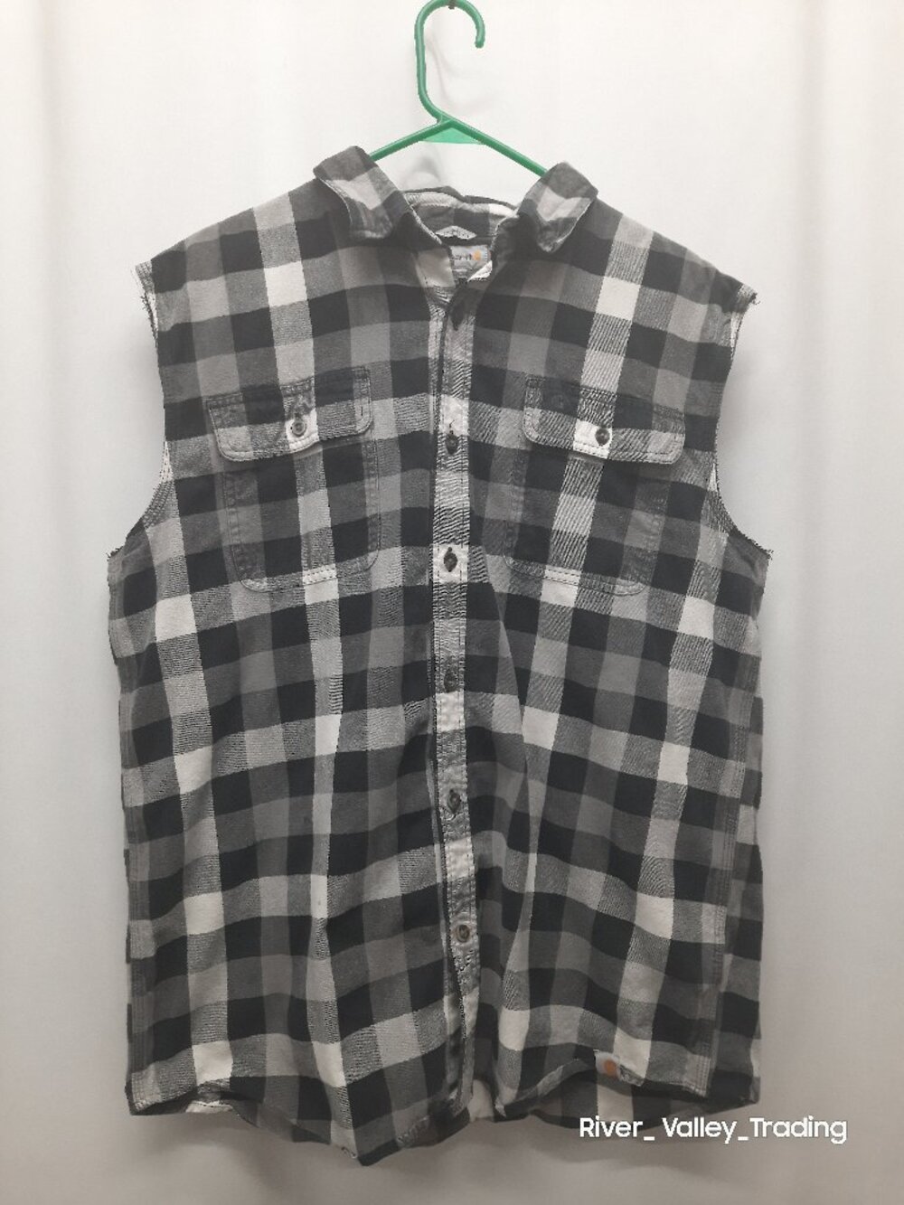 Carhartt Mens XL Plaid Flannel Sleeveless Shirt Cut Off Vest Black White Raw Hem